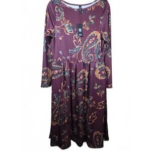 24SEVEN Womens Wine Paisley Midi Length Long Sleeve Pocket Dress Wine Multi L